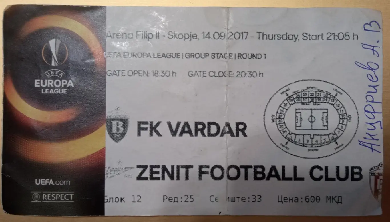 Вардар Македония - Зенит 14.09.2017