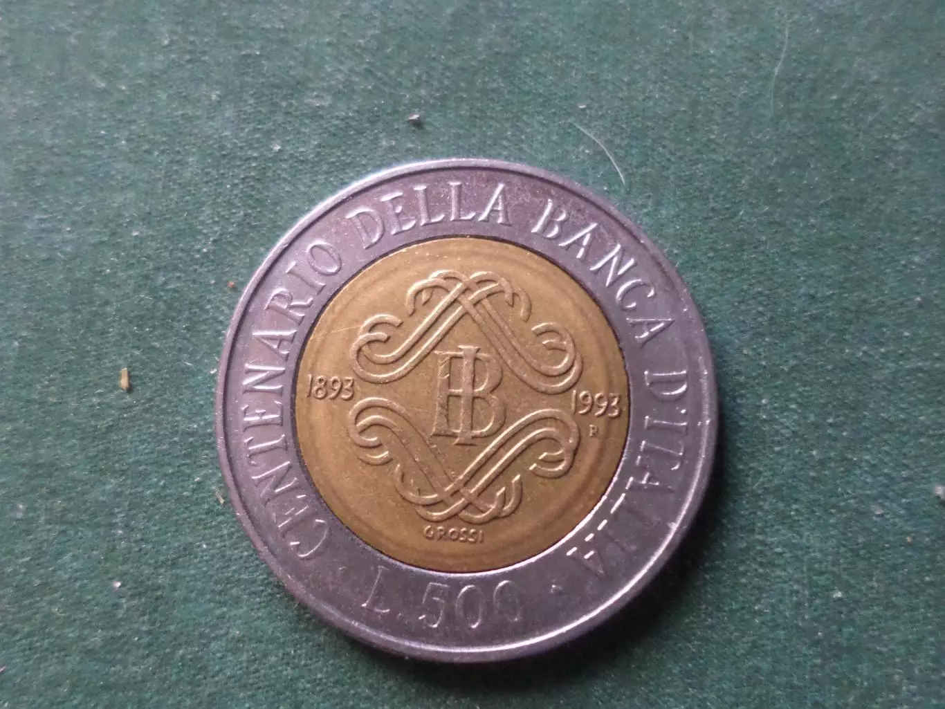 Монета 500 лир Италия 1993 г 100 лет банку Италии