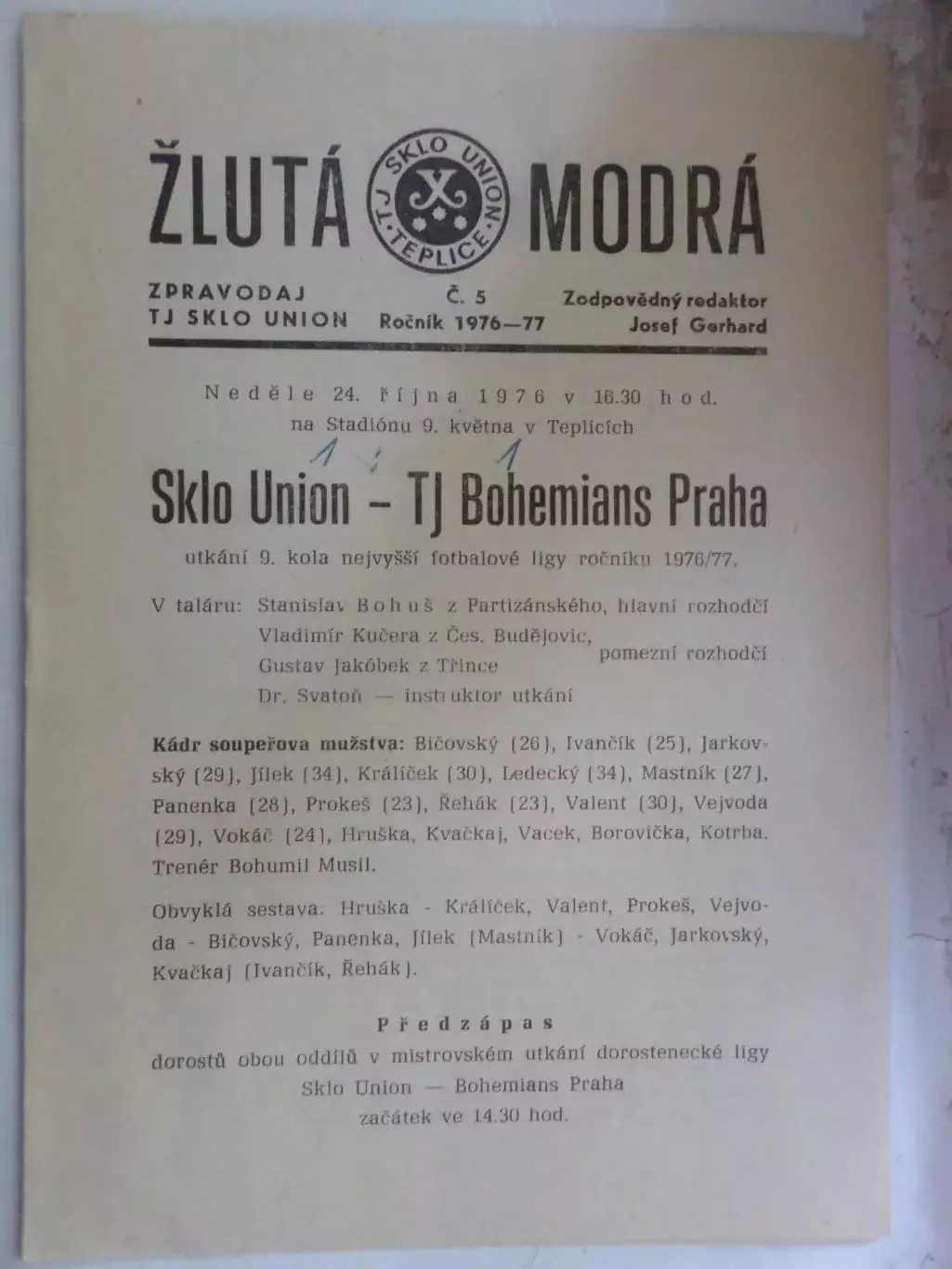 программа Скло Юнион Теплице - Богемианс Прага 1976-1977 г Чехословакия ЧССР