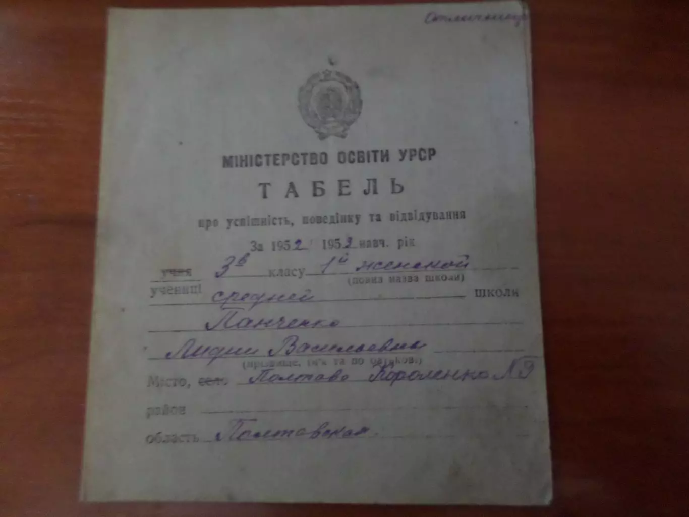 табель успеваемости ученицы женской школы 1952 г