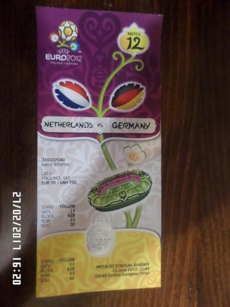 Билет к матчу ЕВРО-2012 Голландия - Германия г. Харьков