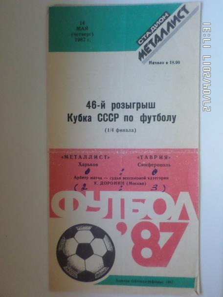 программа Металлист Харьков - Таврия Симферополь 1987 г кубок