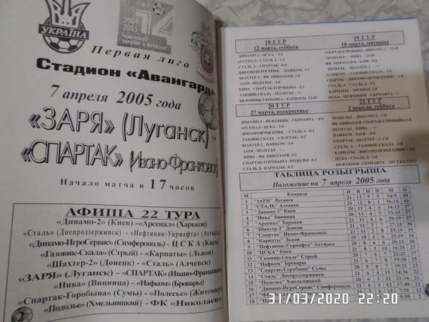 программа Заря Луганск - Спартак Ивано-Франковск 2004-2005 г