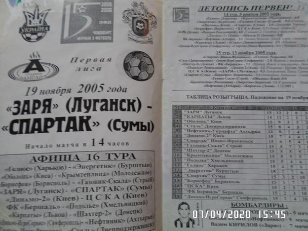 программа Заря Луганск - Спартак Сумы 2005-2006 г