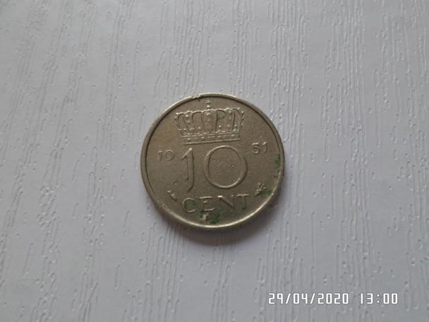 монета 10 центов Нидерланды 1951 г