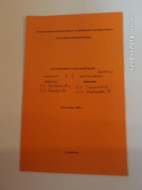 программа Кайрат Алма-Ата - Жальгирис Вильнюс 1987 г