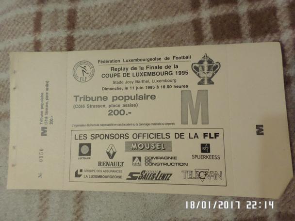 Билет к матчу Гревеннмахер - Женесс 1995 г финал кубка Люксембурга