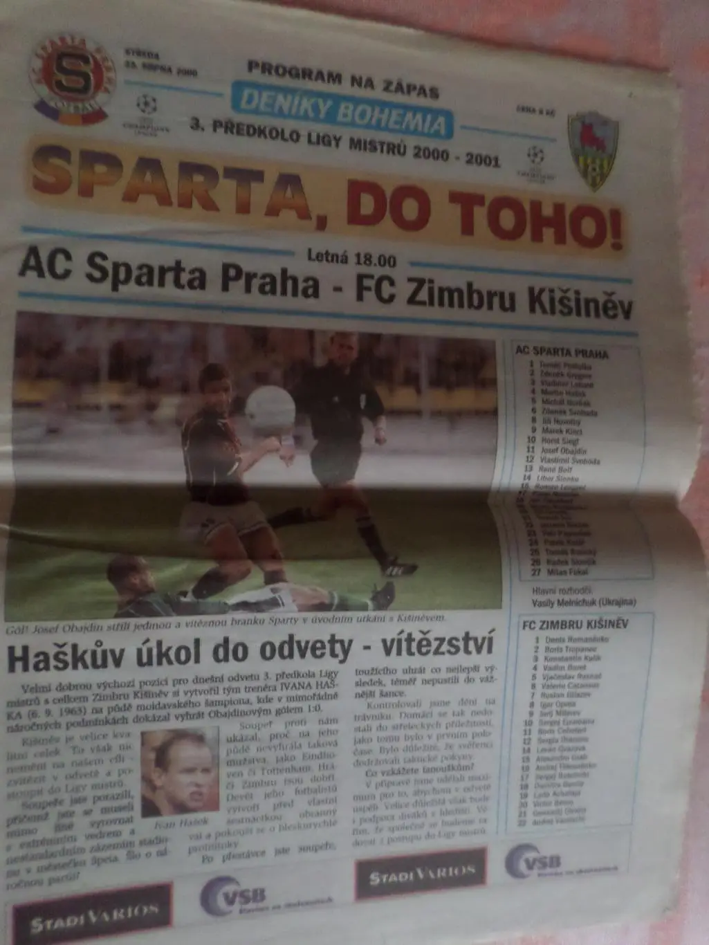 программа Спарта Прага Чехия - Зимбру Кишинев 2000 г