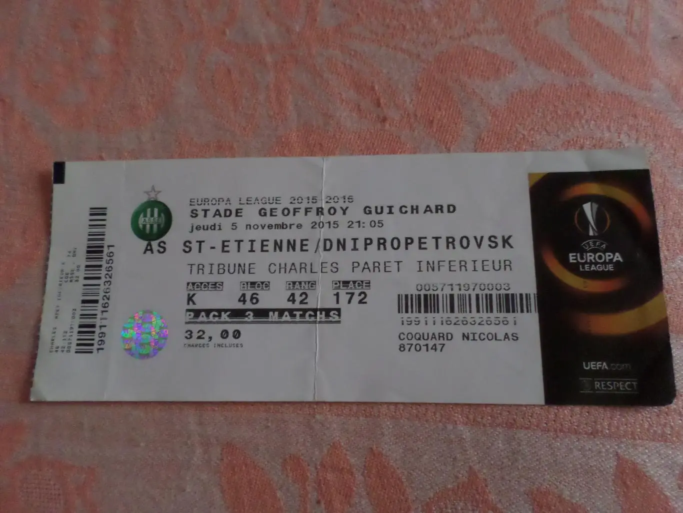 Билет Сент-Этьен Франция - Днепр Днепропетровск 5 ноября 2015 г