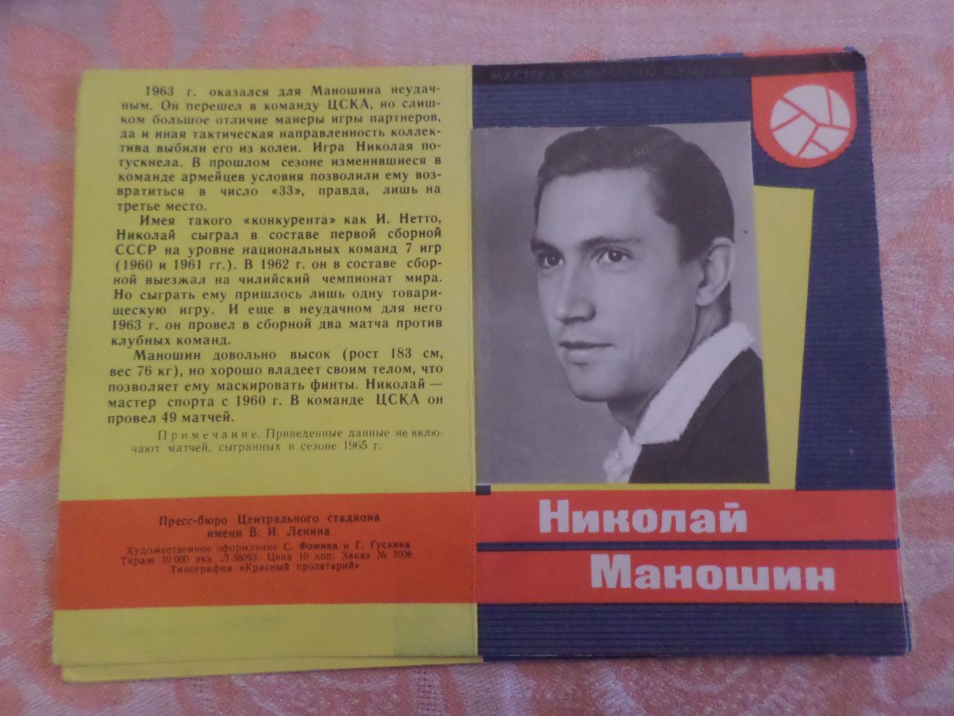Николай Маношин ЦСКА Москва 1965 г серия Мастера Советского футбола