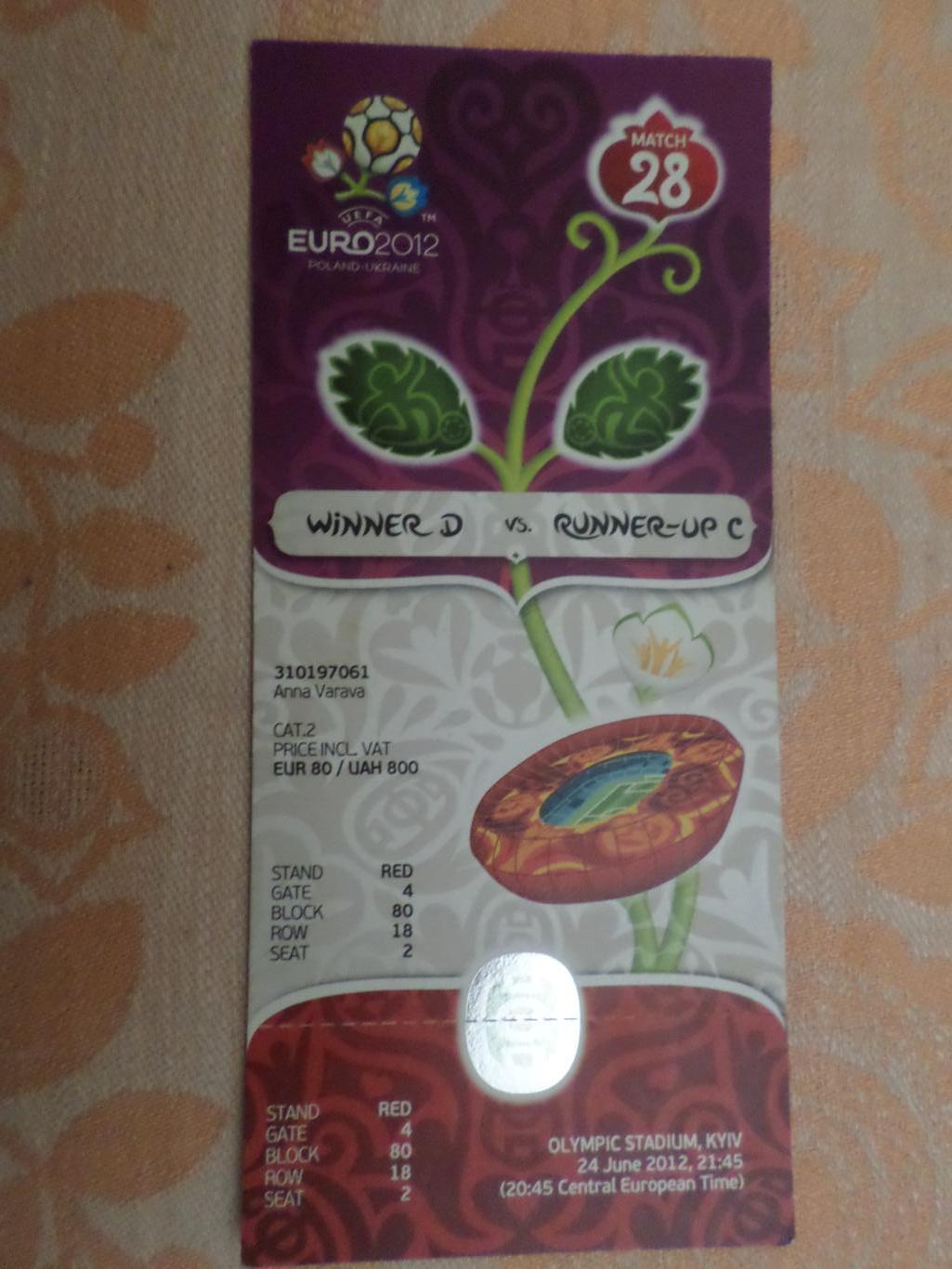 Билет к матчу ЕВРО-2012 Англия - Италия Киев