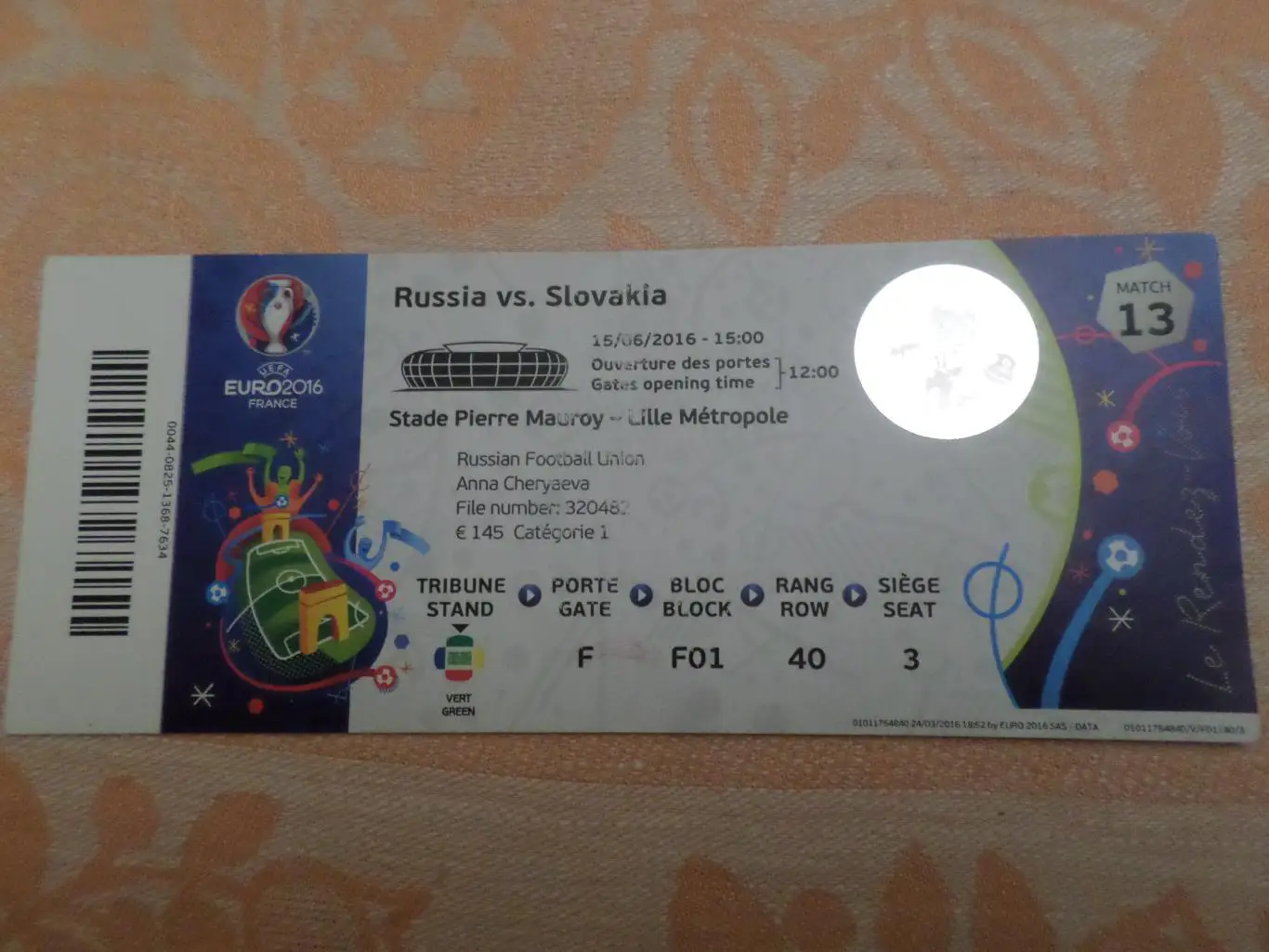 Билет к матчу ЕВРО-2016 Россия - Словакия 2016