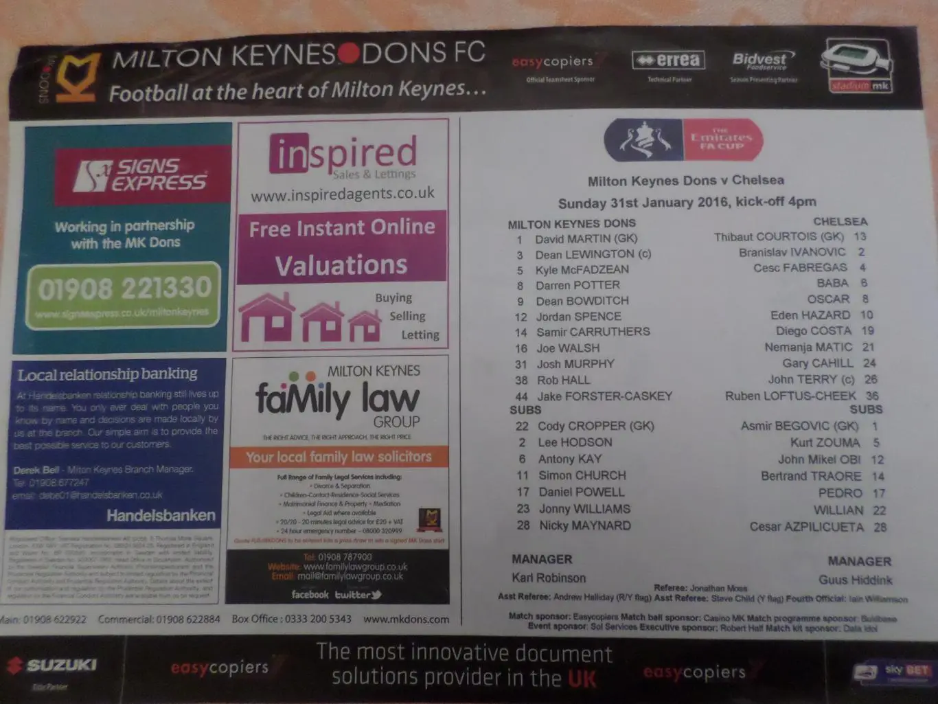 рекламка-состав МКДонс - Челси Англия 31 января 2016 г