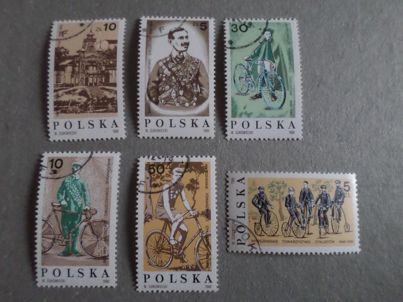 марки Польша 100 лет варшавского общества велосипедистов 1986 г