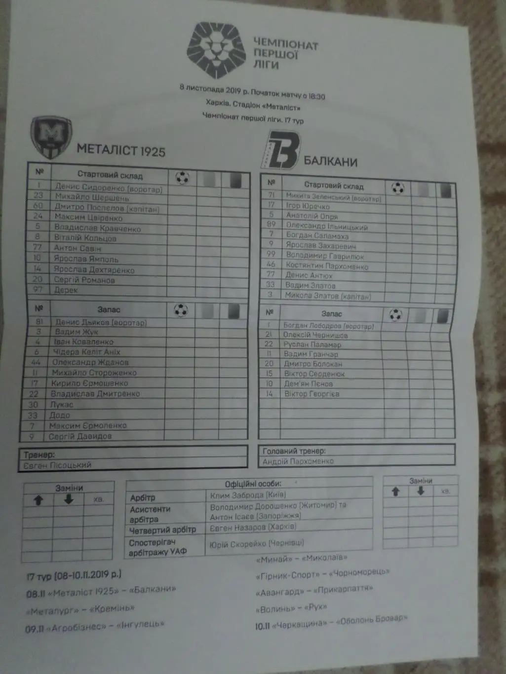 Протокол к матчу Металлист-1925 Харьков - Балканы 8 ноября 2019 г