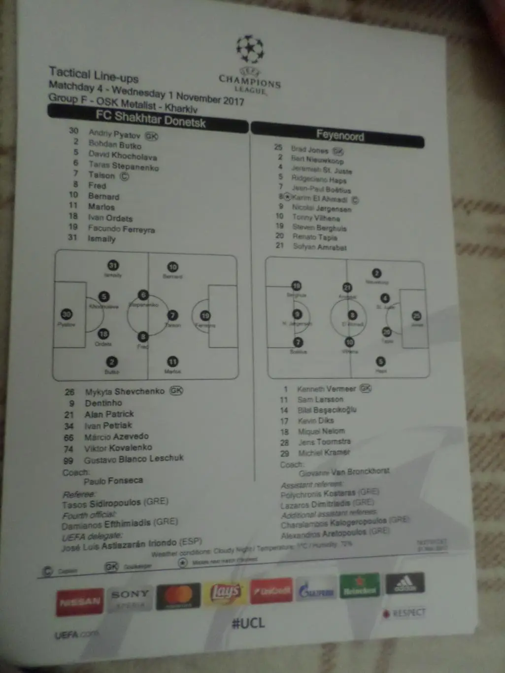 Протокол стартовый к матчу Шахтер Донецк - Фейеноорд Голландия 2017 г