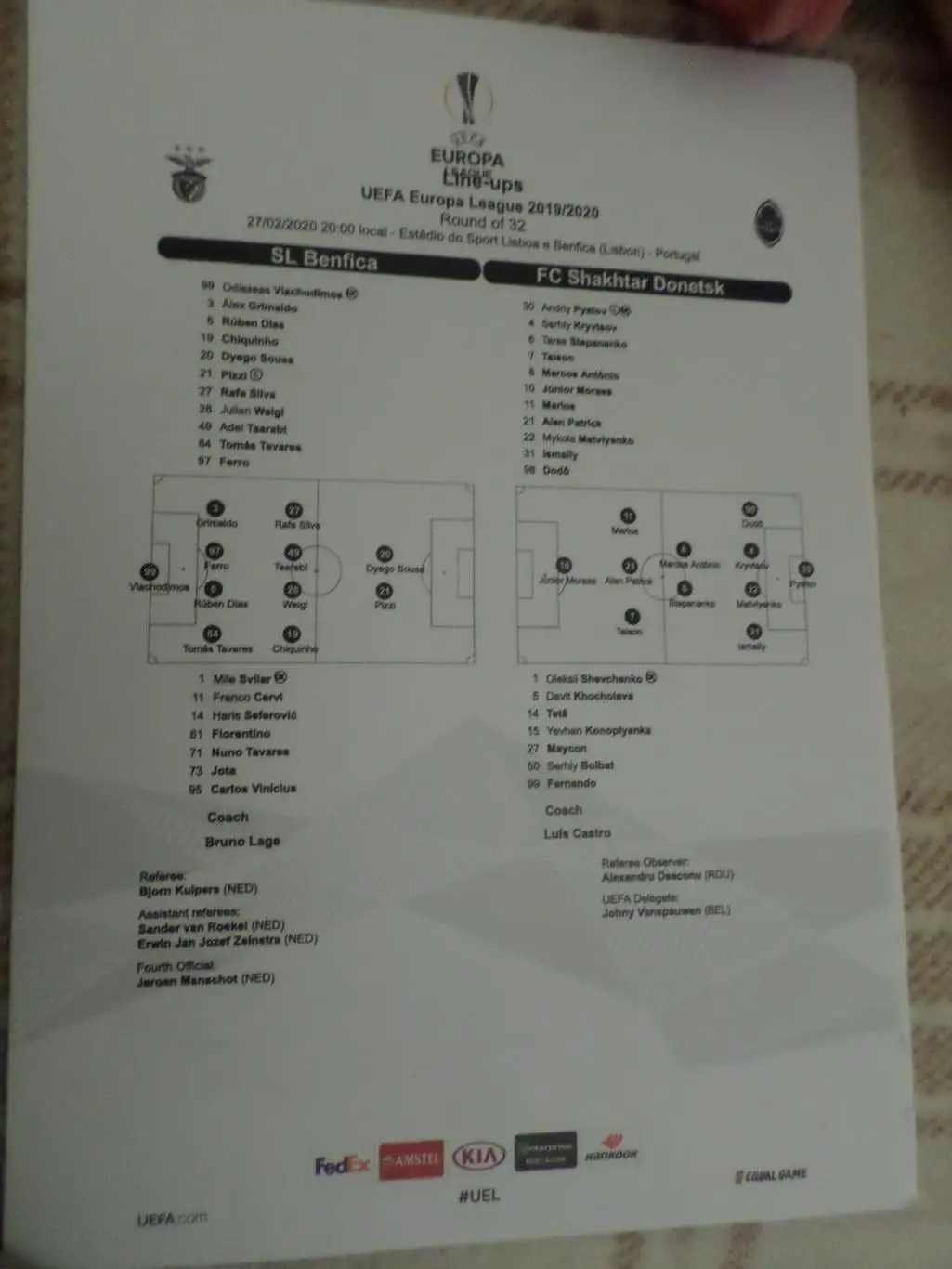 Протокол к матчу Бенфика Португалия - Шахтер Донецк 2020 г