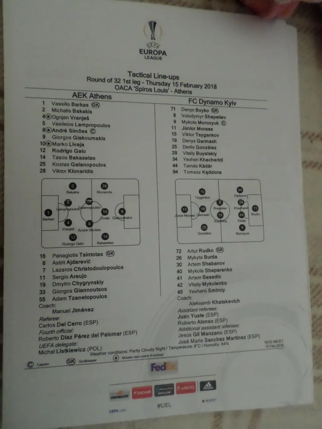 Протокол стартовый к матчу АЕК Греция - Динамо Киев 2018