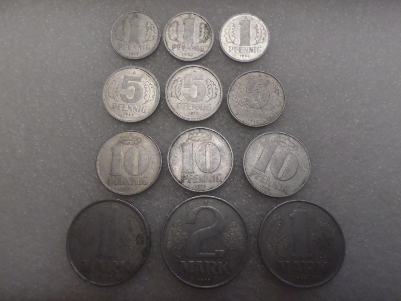 Монеты ГДР Германия 1,5,10 пфеннигов, 1, 2 марки 12 шт