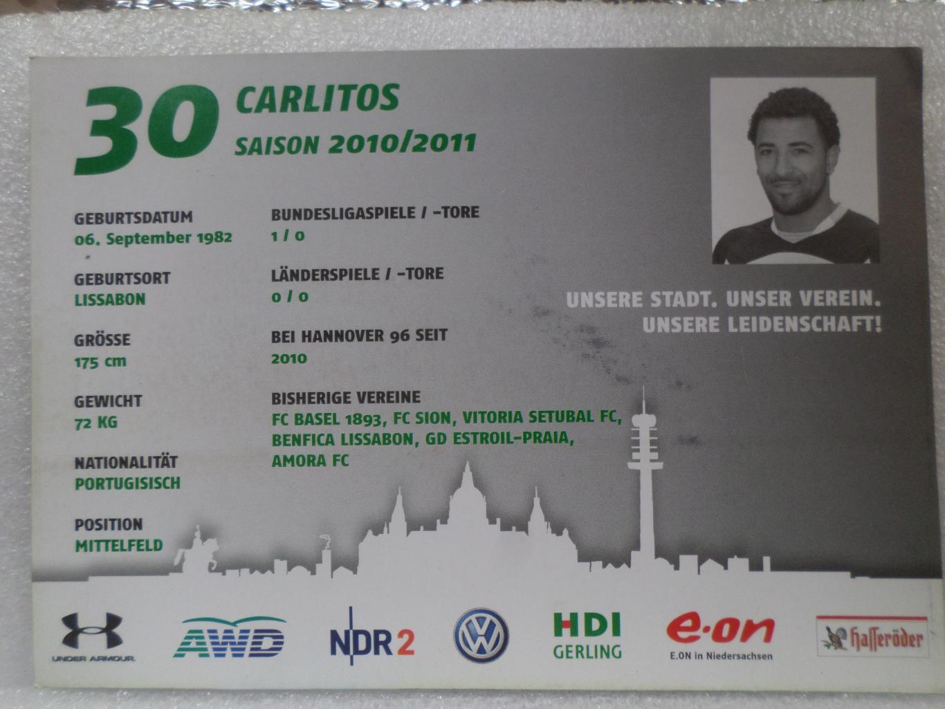 открытка Карлитос ФК Ганновер сезон 2010-2011 с автографом 1