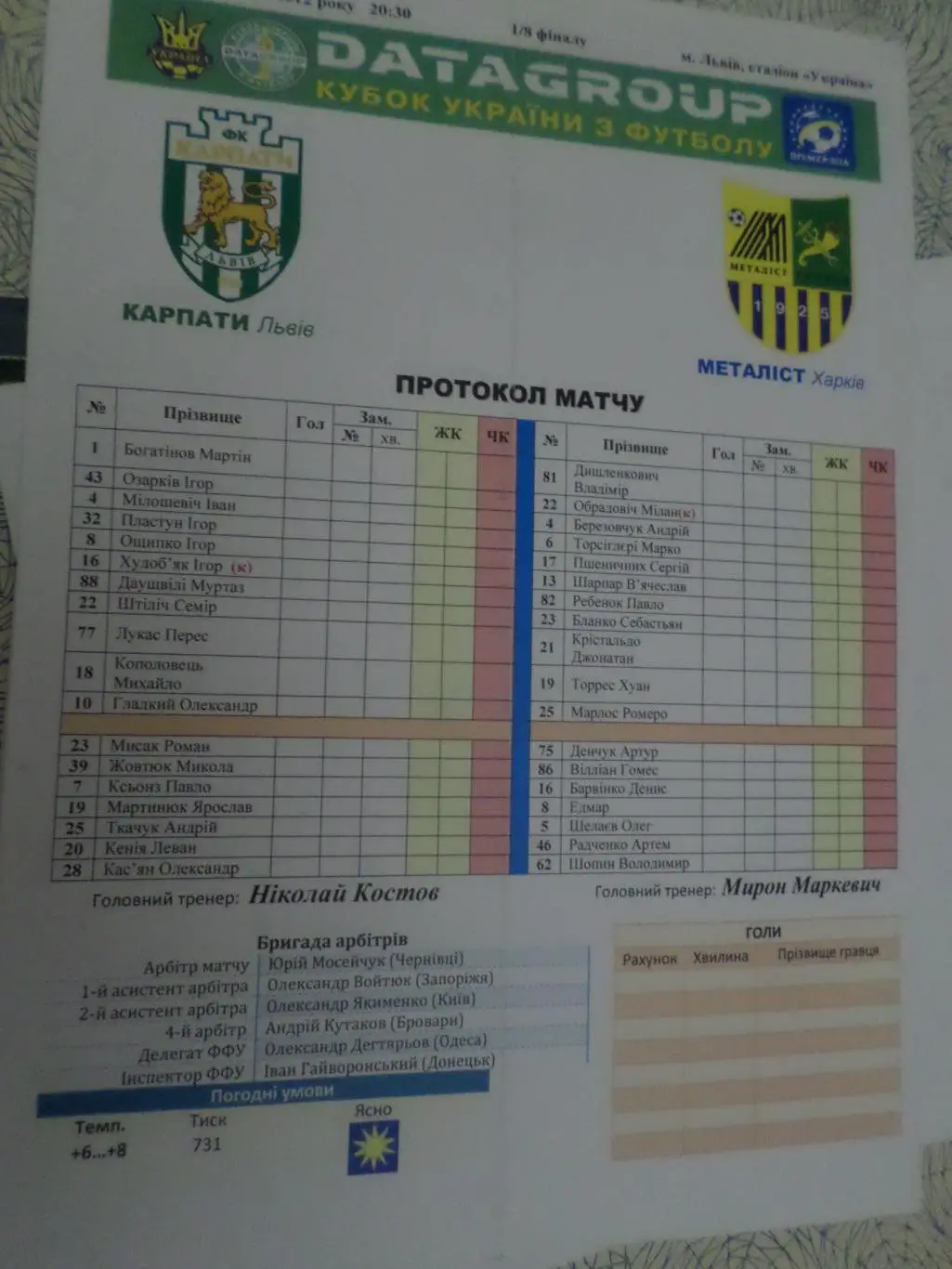 Протокол стартовый к матчу Карпаты Львов - Металлист Харьков 2012-2013 кубок