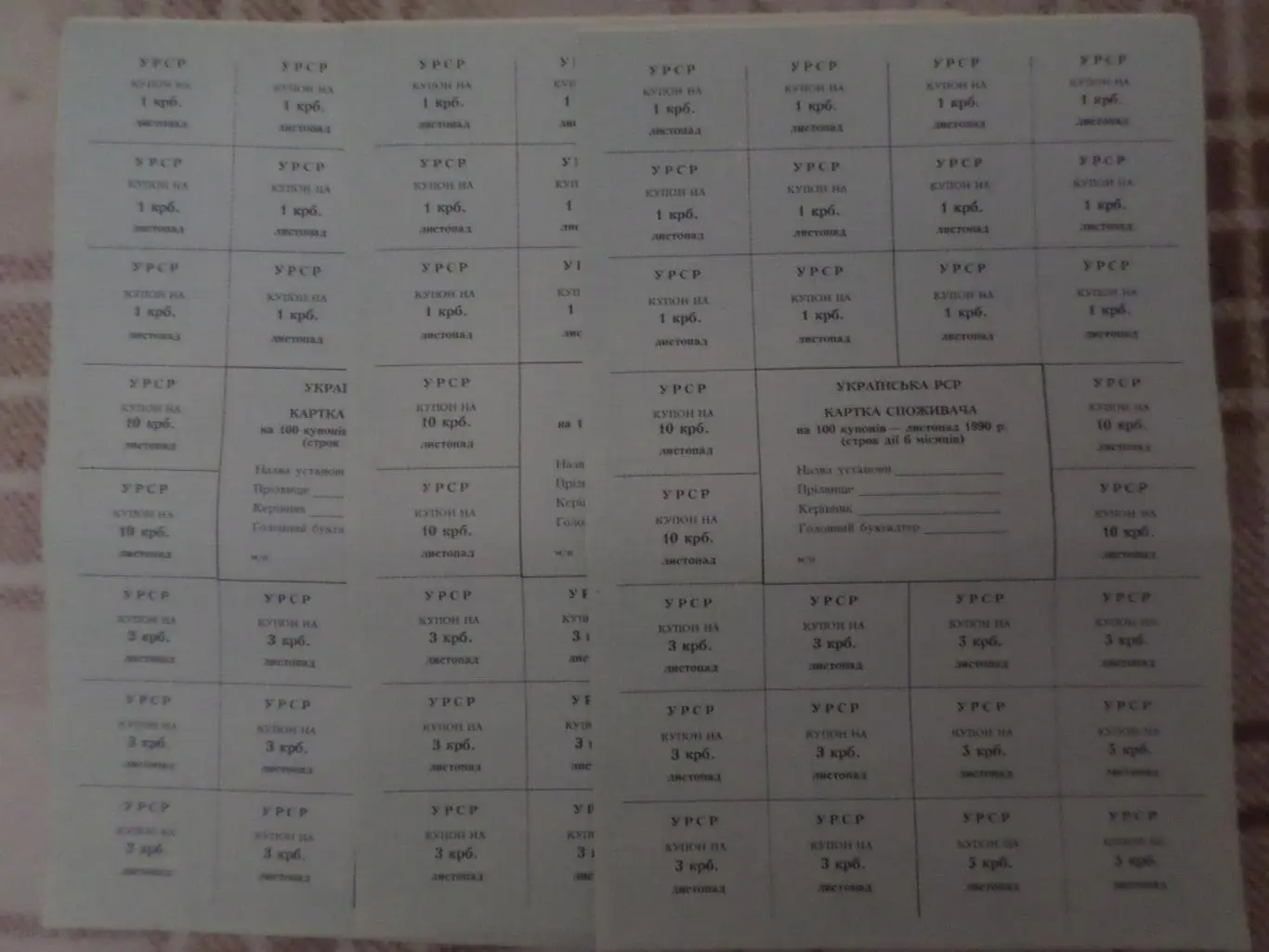 карточка потребителя на 100 купонов УССР ноябрь 1990 г