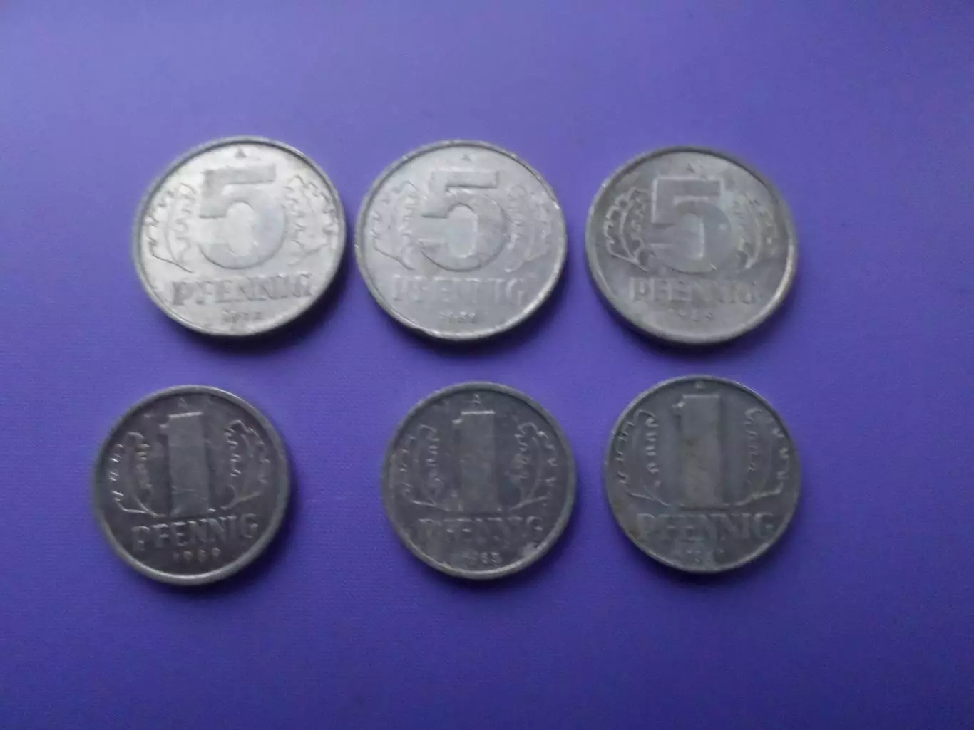 монеты 1 и 5 пфеннигов ГДР 6 шт