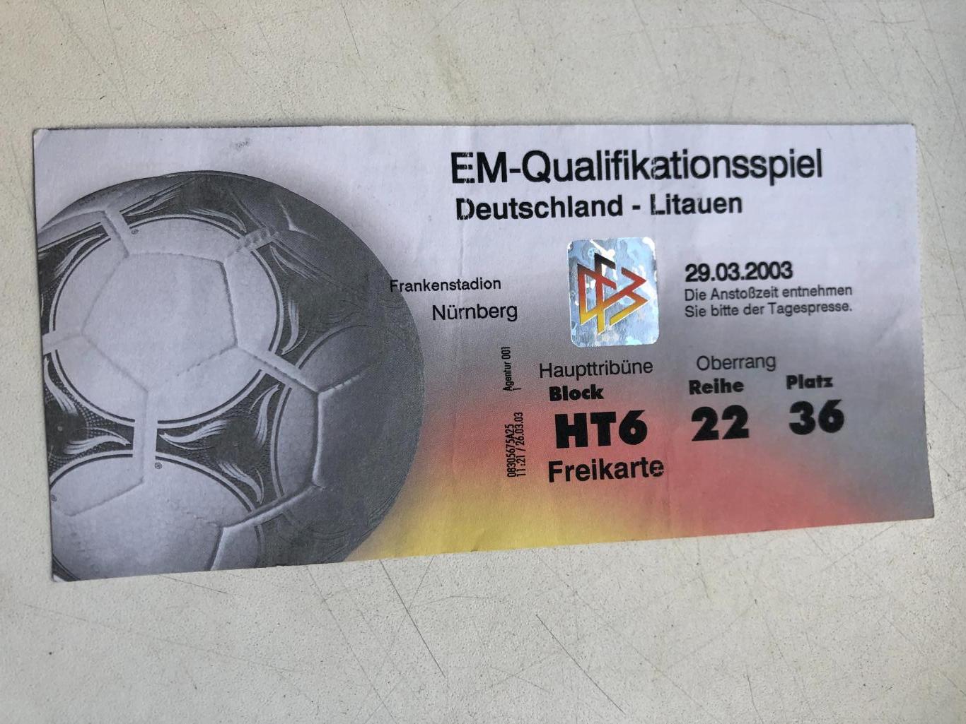 Билет Германия - Литва 29.03.2003 отборочный чемпионат Европы