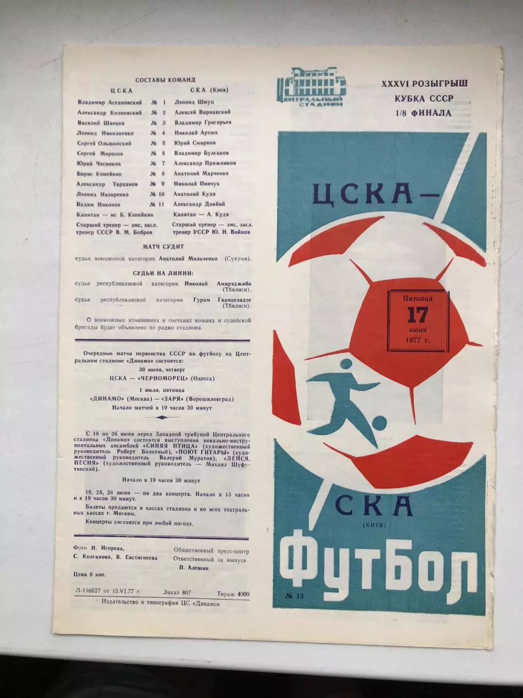 ЦСКА - СКА Киев 17.06.1977 Кубок 1/8