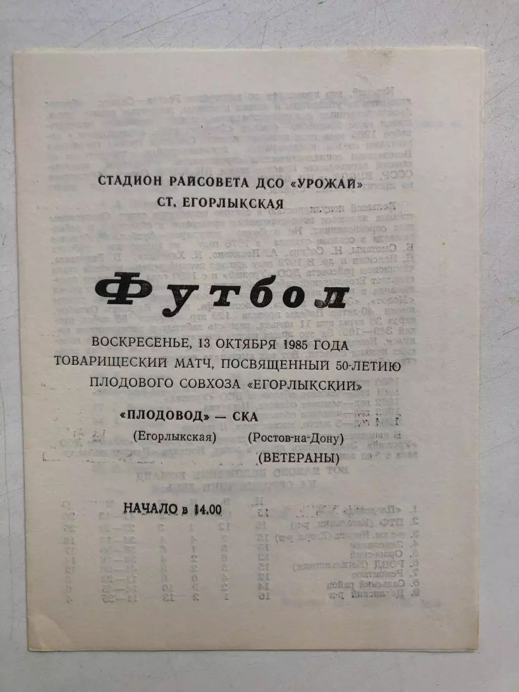 Плодовод Егорлыкская - СКА Ростов ветераны 13.10.1985