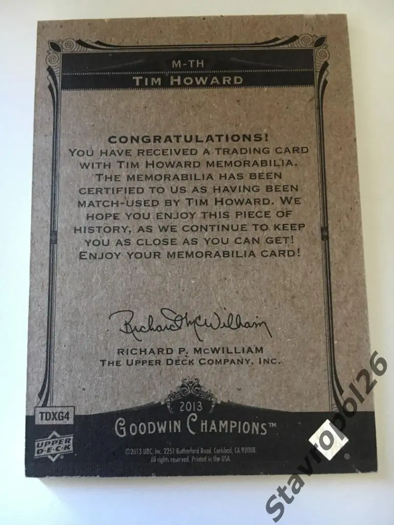 Футбол. Карточка с фрагментом игровой формы Тима Ховарда (США) 1