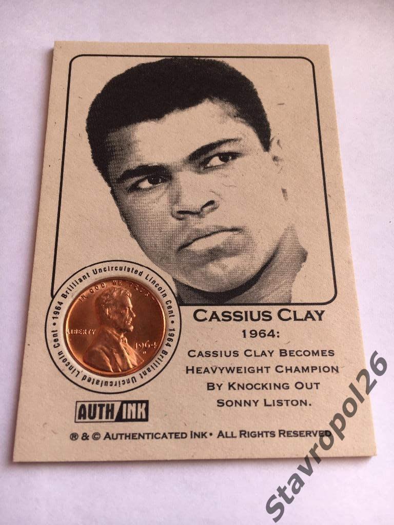 Cassius Clay (Muhammad Ali) легенда Бокса..редкая карточка с монетой 1964 года