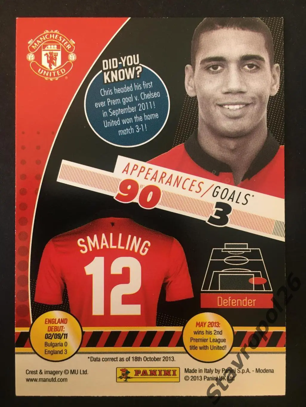 Футбол. Карточка Крис Смолинг. Манчестер Юнайтед 1