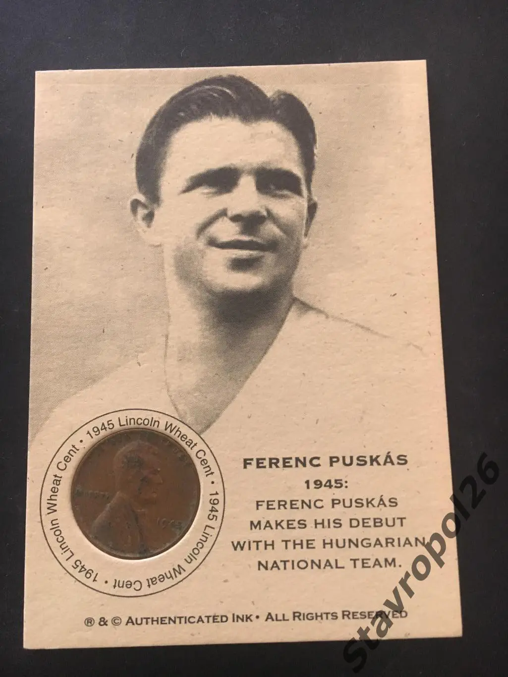 Футбол. Карточка. Ференц Пушкаш редкая карточка с монетой 1945 года