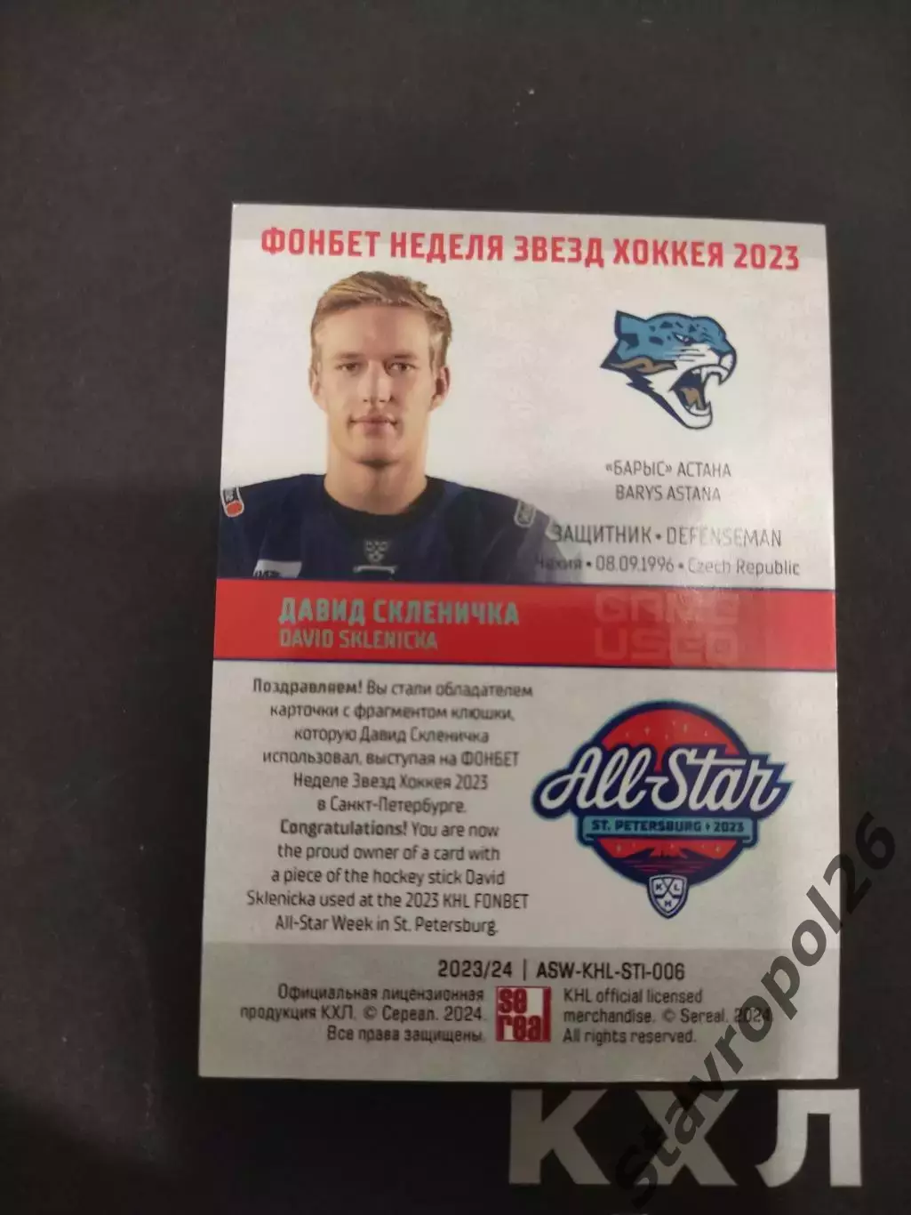 Хоккей. Давид Скленичка. ХК Барыс.клюшка 6/9 1