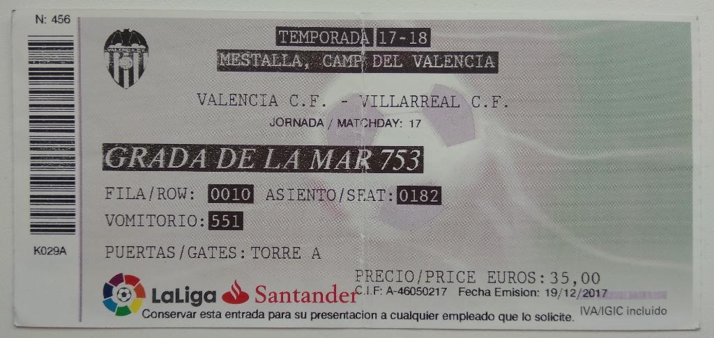 Билет. Валенсия-Вильяреал. 19.12.2017