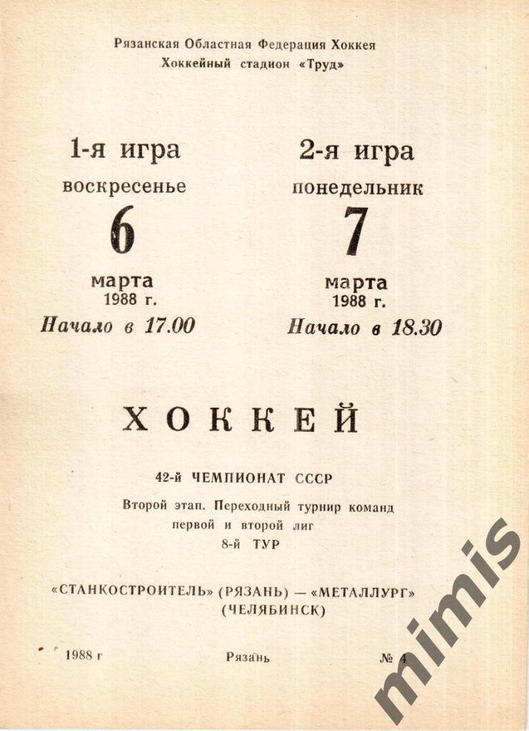 Станкостроитель Рязань - Металлург Челябинск 6-7 марта 1987/1988