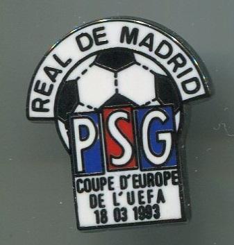 Значок матчевый ПСЖ- РЕАЛ Мадрид 1/4 кубка УЕФА. 1993 год. значок