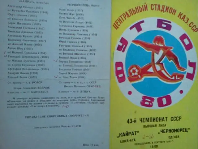 Кайрат Алма-Ата- Черноморец Одесса 1980