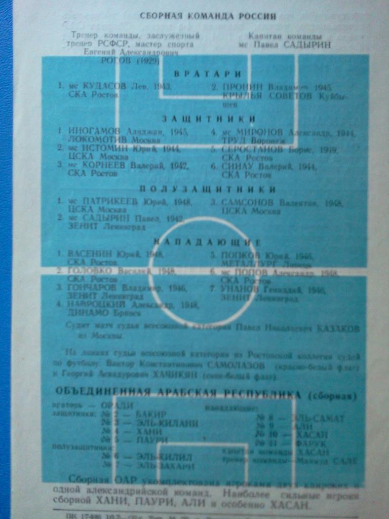 РСФСР / Россия (сборная) - Объединённая Арабская Республика 1969 тов. матч 1