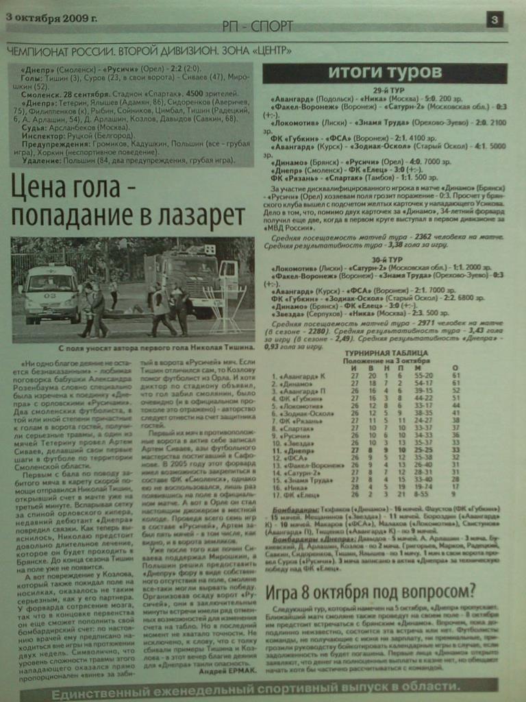 газета Рабочий путь - Спорт г. Смоленск от 03 октября 2009 года 1