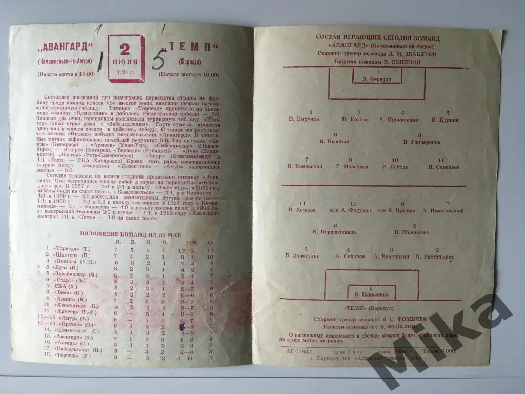 Авангард (Комсомольск-на-Амуре) - Темп (Барнаул) 02.06.1964 1