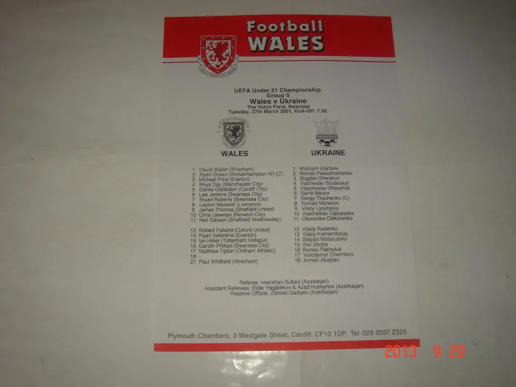 Уэльс -- Украна2001, U-21протокольный листс составамикоманд