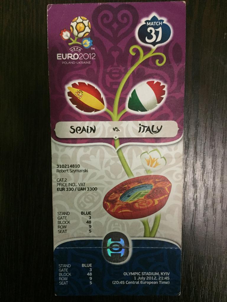 Футбол Билет Финал ЧЕ 2012 Испания- Италия