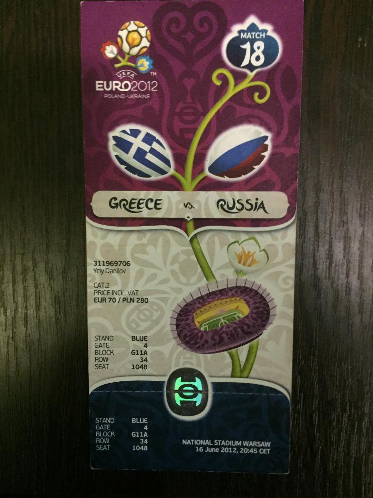 Футбол билет ЧЕ 2012 Россия - Греция