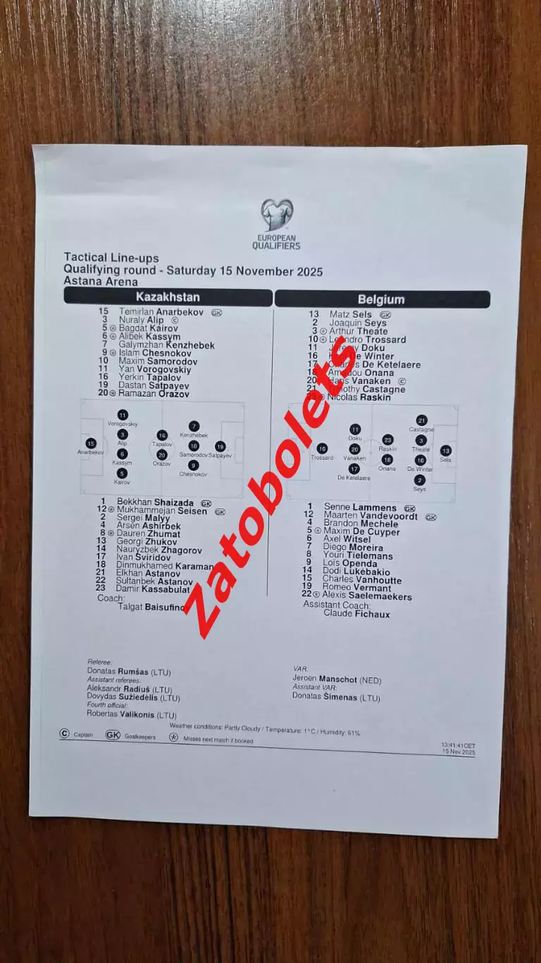 Казахстан - Бельгия 2025 Отборочный матч Чемпионат Мира Тим шит Стартовые состав