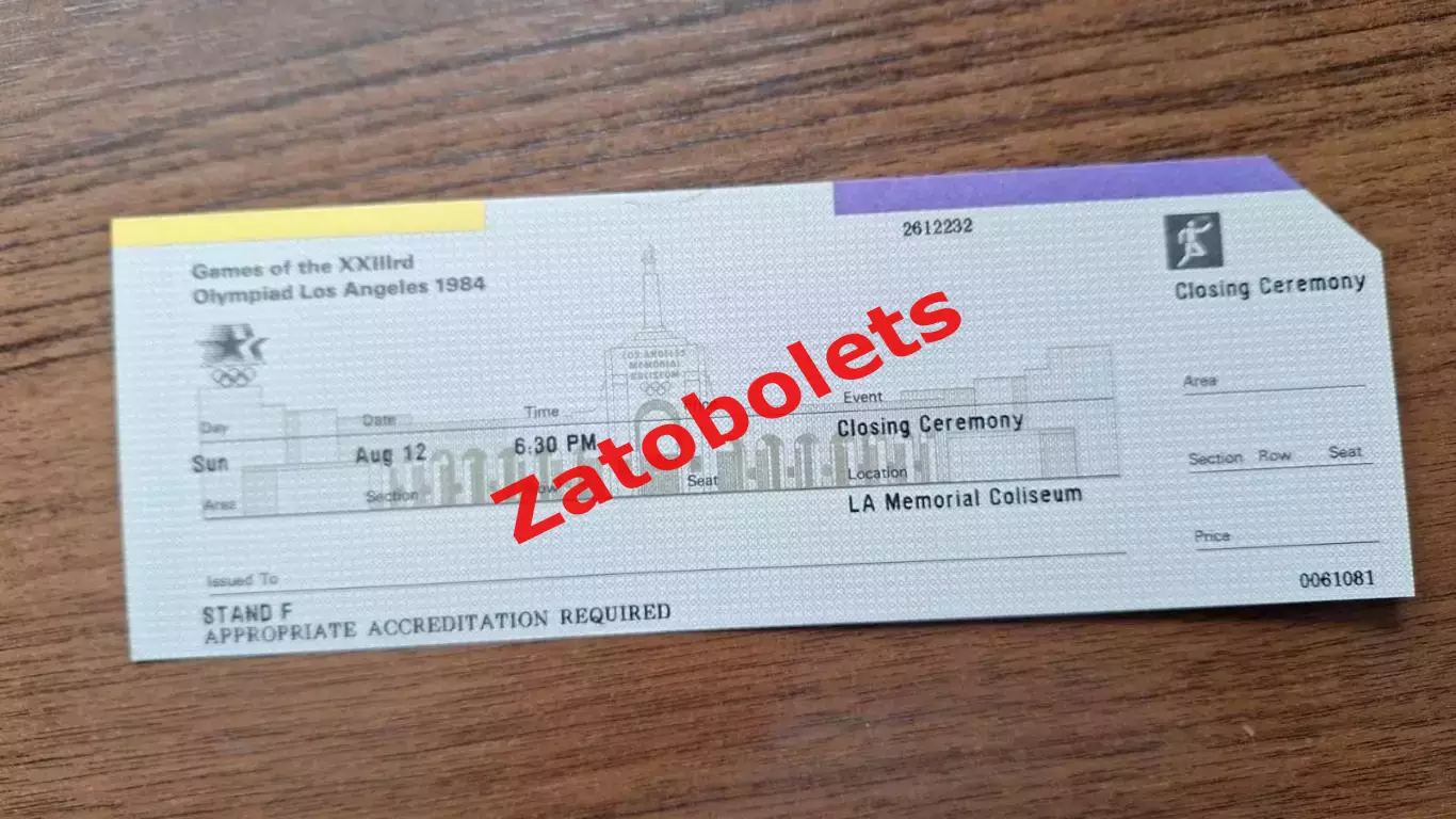 Билет Церемония закрытия 1984 Олимпийские игры США Лос Анджелес Олимпиада