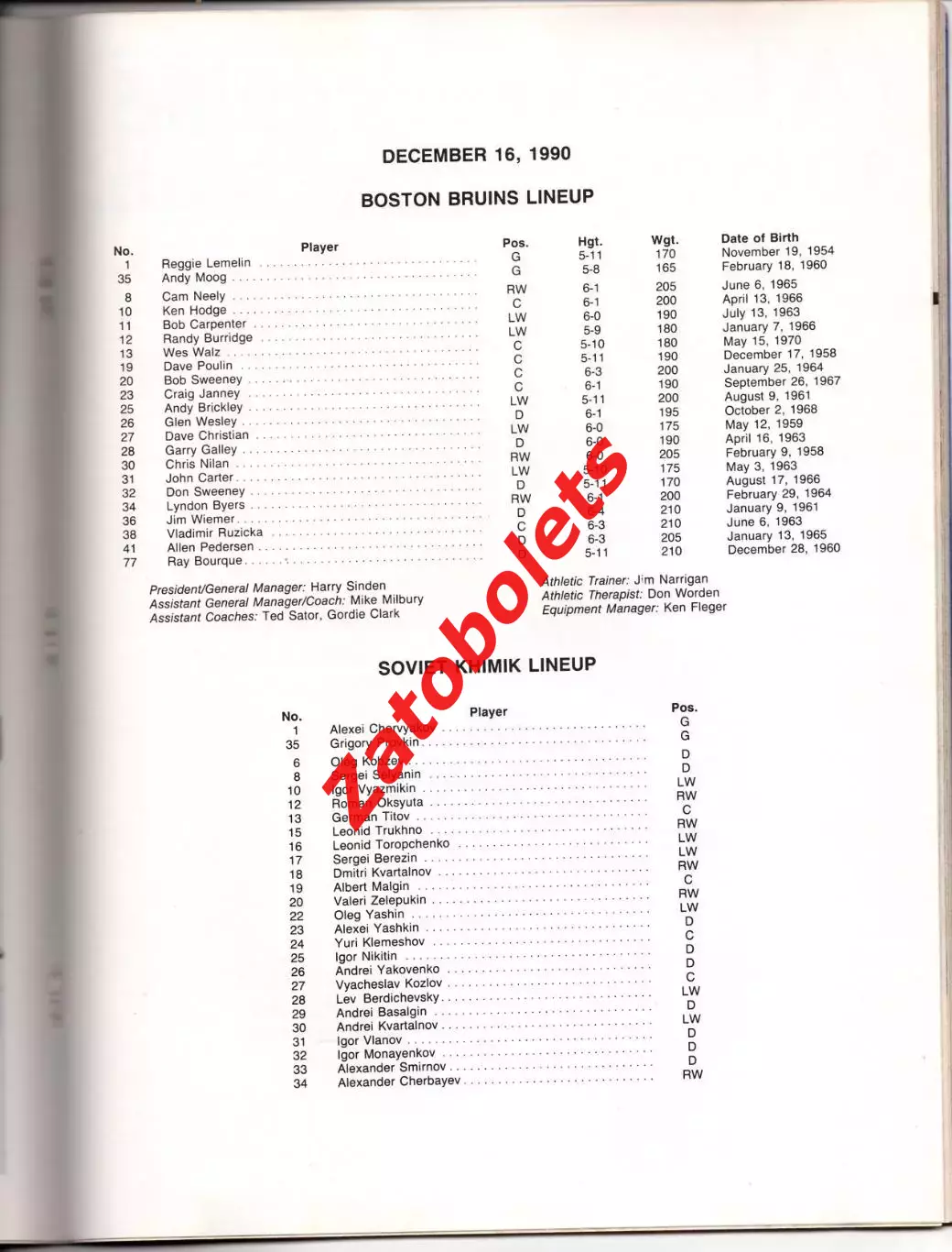 Хоккей Бостон Брюинз США - Химик Воскресенск СССР 1990 1