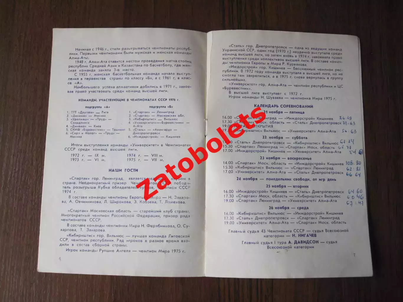 Баскетбол Программа Чемпионат СССР женщины Алма-Ата 1975 Ленинград Вильнюс Москв 1