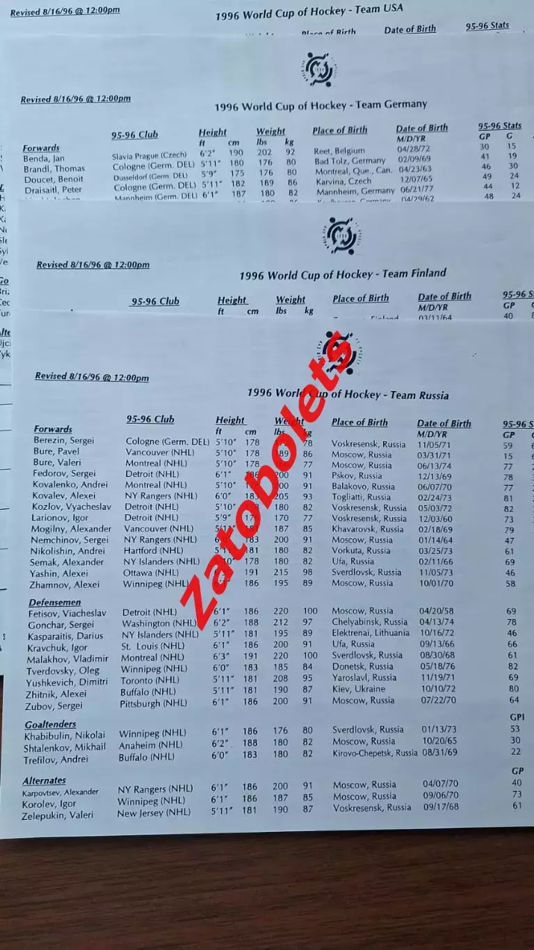 Хоккей Кубок Мира 1996 Пресс-кит / Сборная Россия 2